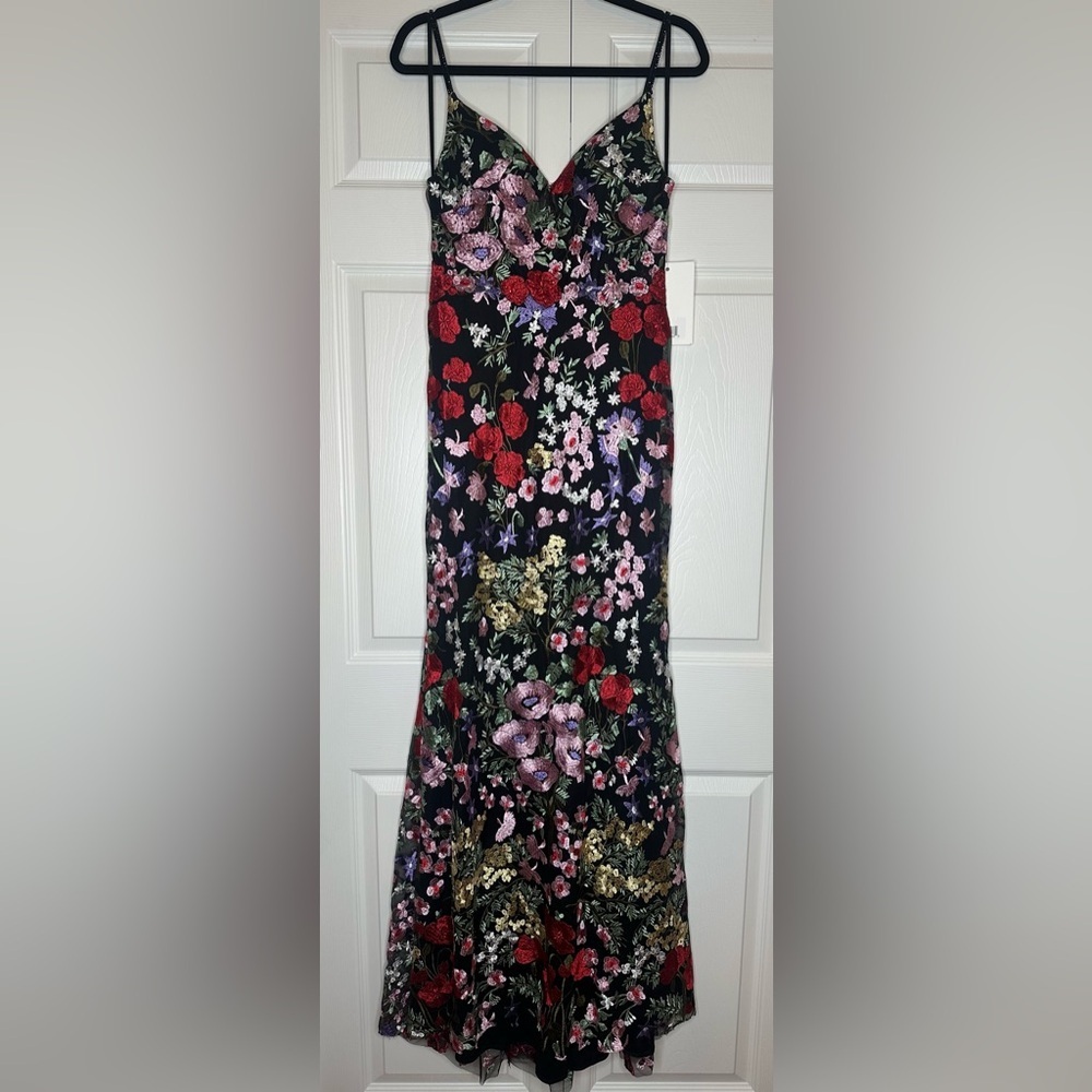 Mac Duggal Black Floral Maxi Dress with Red & Pink Accents - Picture 4 of 11